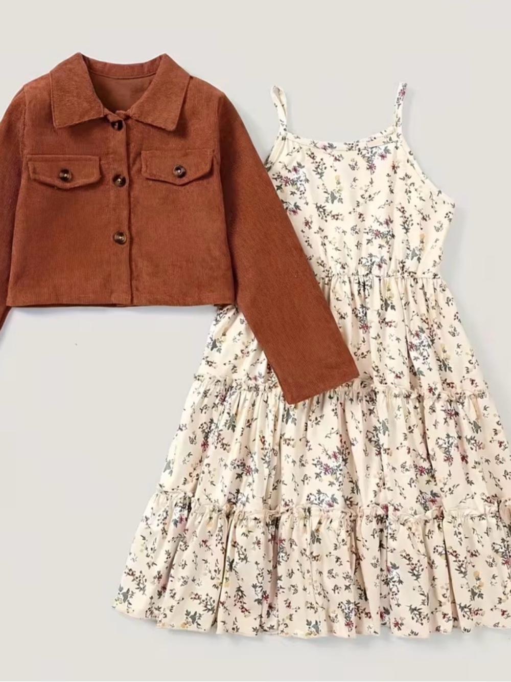 Girls Floral Cream Tiered Dress with Rust Jacket